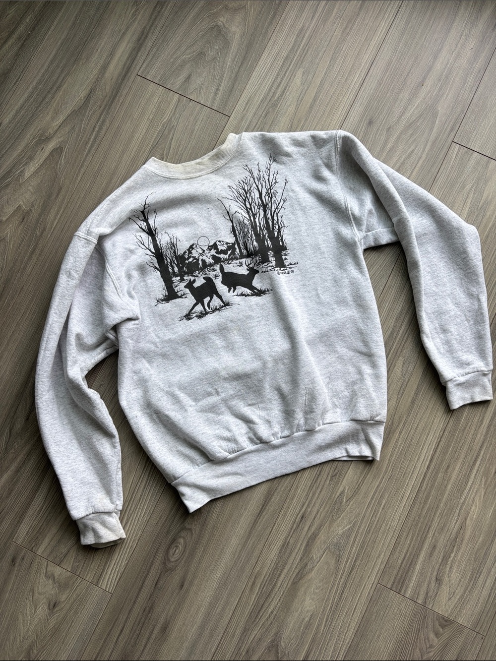 Hanes Light Gray Crewneck Sweatshirt with Black Nature Graphic